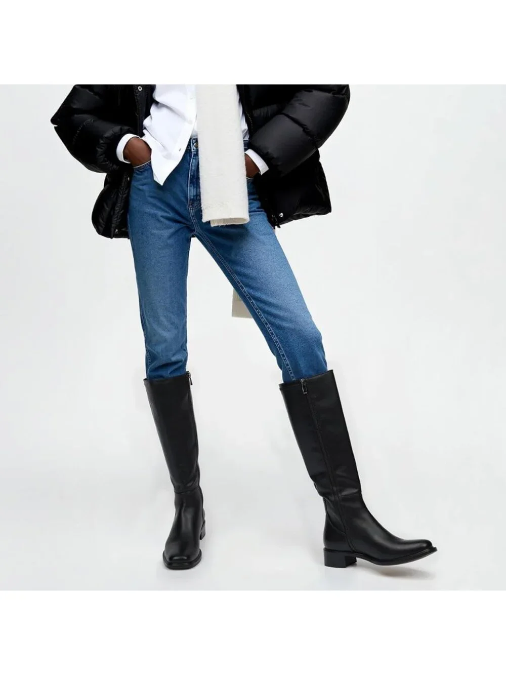 Women's Black Faux Leather Square Toe Knee High Stylish With Side Zipper Boots